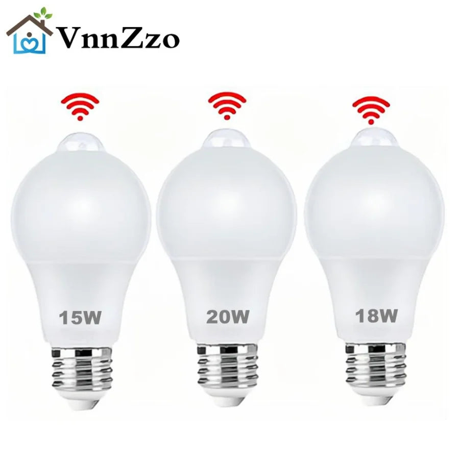 Lâmpada LED E27 de 12 W, 15 W, 18 W e 20 W com sensor de movimento Lâmpada LED PIR com sensor de luz Luz noturna liga/desliga automática para iluminação de estacionamento residencial 85 V-265 V