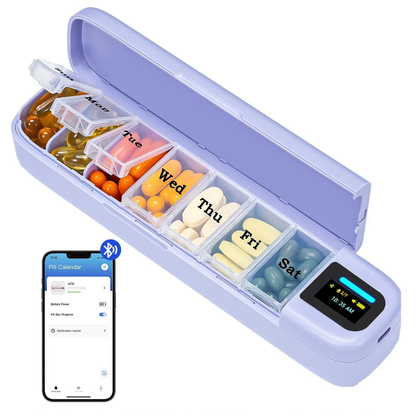 Caixa de comprimidos de grande capacidade com alarme inteligente Bluetooth, caixa de comprimidos para 7 dias com temporizador de lembrete e dispensador de medicamentos portátil